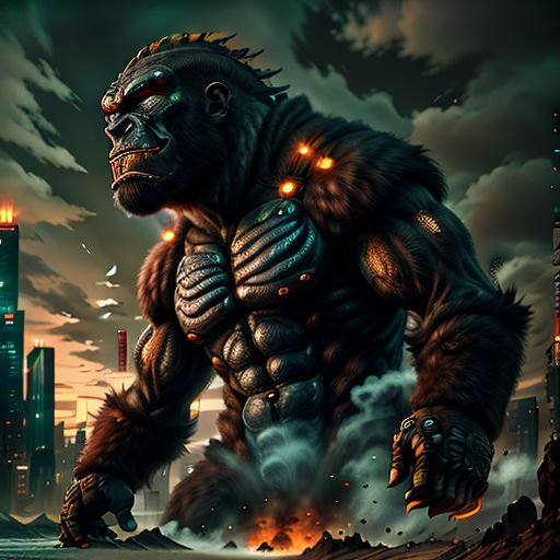 a gorilla with glowing eyes and a city in the background with a sky background and clouds in the foreground