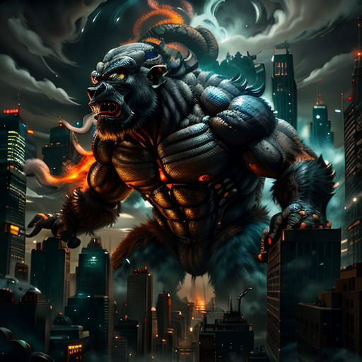 a monster with a huge body and a huge tail in a city at night with a lot of lights