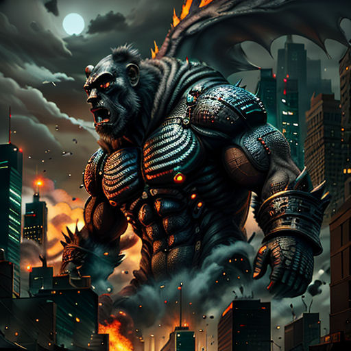 a giant monster with a huge body and huge arms in a city at night with a full moon in the background