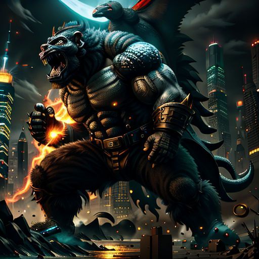 a monster with a sword in his hand and a city in the background at night time with a full moon