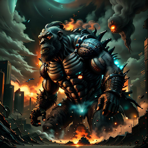 a giant monster with spikes and spikes on its back in a city at night with a full moon in the background