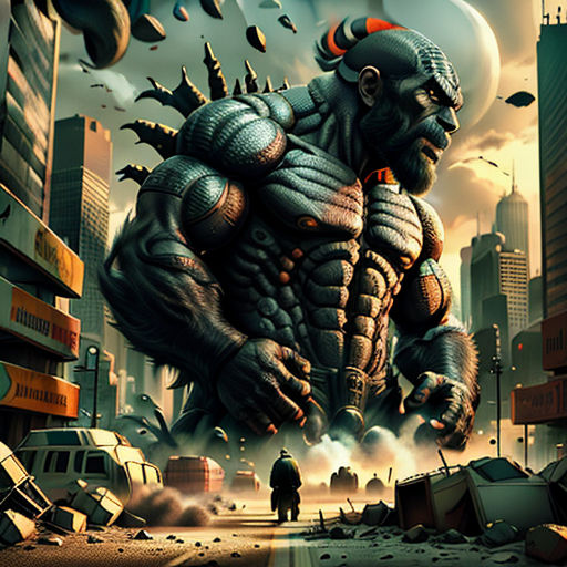 a man standing in front of a giant monster in a city with a sky background and a man walking away from it