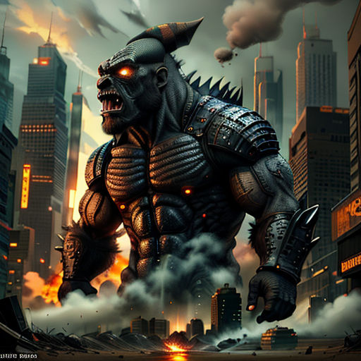 a giant monster with a huge head and a huge body in a city with smoke and flames in the background