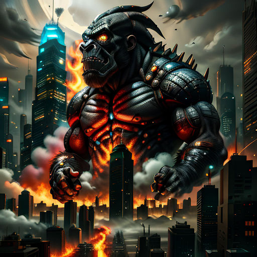 a gorilla with a huge body and a massive head in a city with flames and smoke coming out of its mouth