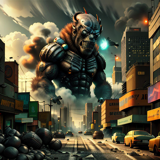 a digital painting of a giant monster in a city street with a lot of buildings and cars on the street