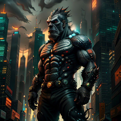 a man in a futuristic city with a demon like face and a huge head, standing in the middle of a street