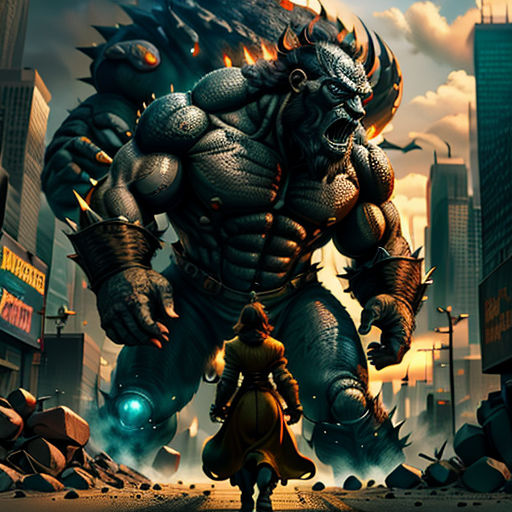 a man standing next to a giant monster in a city with a giant demon on it's back