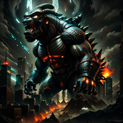 a godzilla with a huge head and spikes on its back, in a cityscape with a full moon