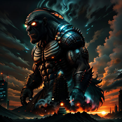 a creature with glowing eyes and a body of water in front of a city at night with clouds and buildings