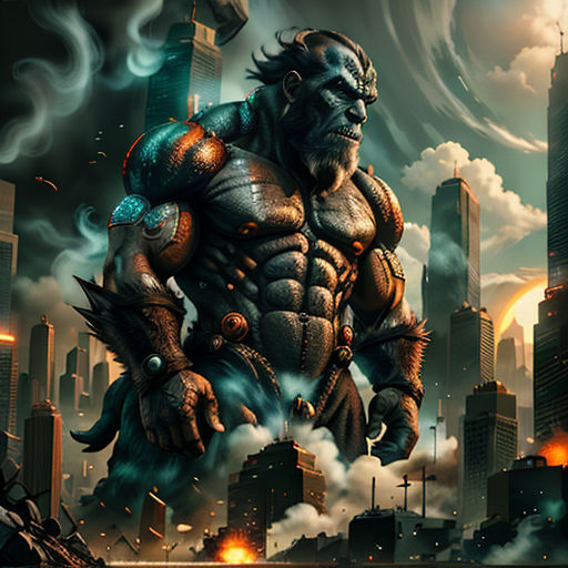 a man in a city with a huge demon on his back and a city in the background with smoke