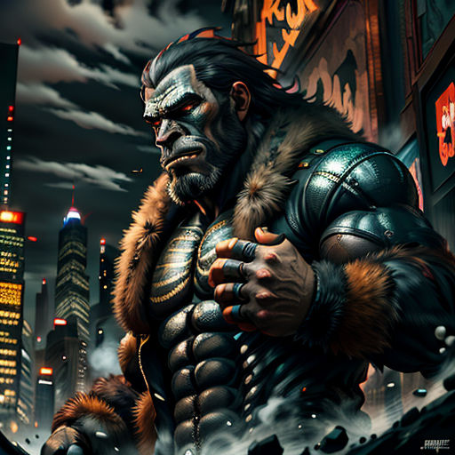 a man in a fur coat standing in front of a city at night with a cityscape in the background