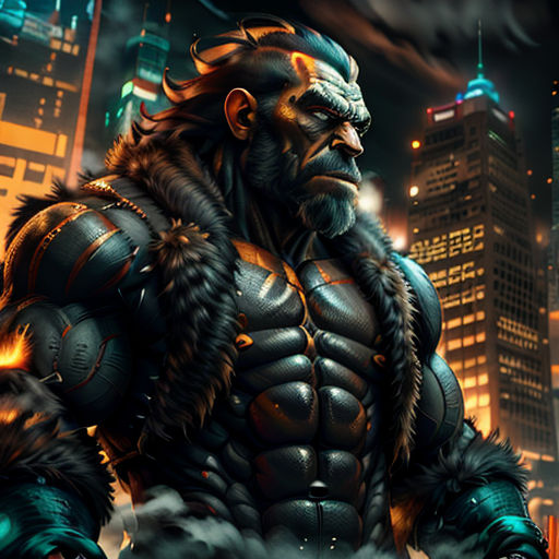 a man with a beard and a beard in a city at night with a huge gorilla like creature in his hand