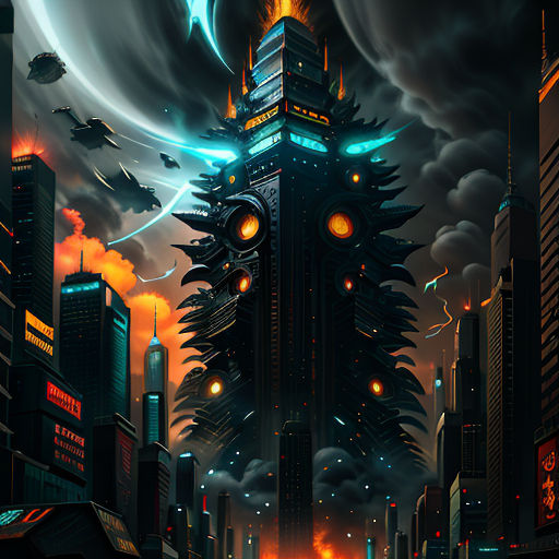 a futuristic city with a tall tower with a clock on it's side and a sky background with clouds