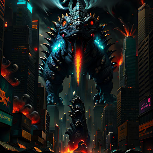 a godzilla is standing in the middle of a city at night with fire and smoke coming out of its mouth