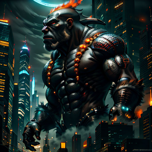 a gorilla in a city at night with a full moon in the background and a cityscape in the foreground