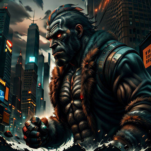 a man in a gorilla suit holding a knife in a city at night with a cityscape in the background