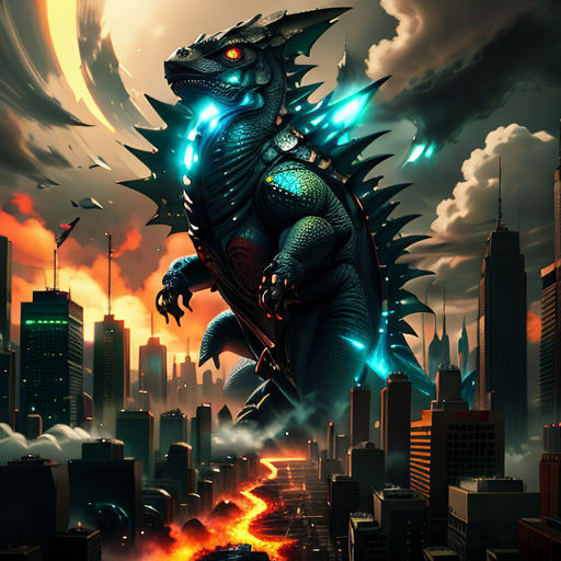 a godzilla is standing on a city street with a fire and ice effect in the background and a full moon in the sky