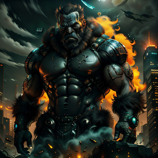 a man with a huge body and a massive chest in a city at night with a full moon in the background