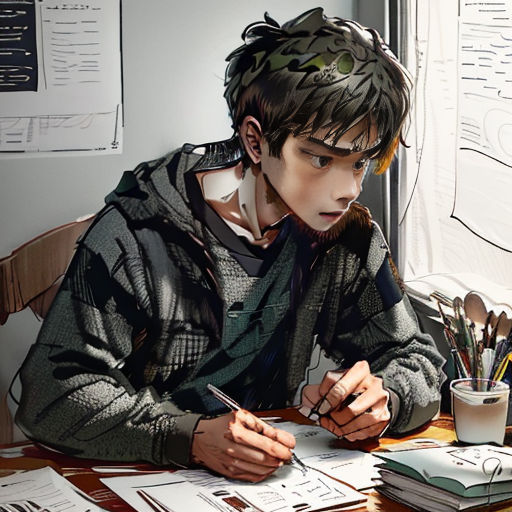 a man sitting at a desk with a pen and paper in his hand and papers on the desk next to him