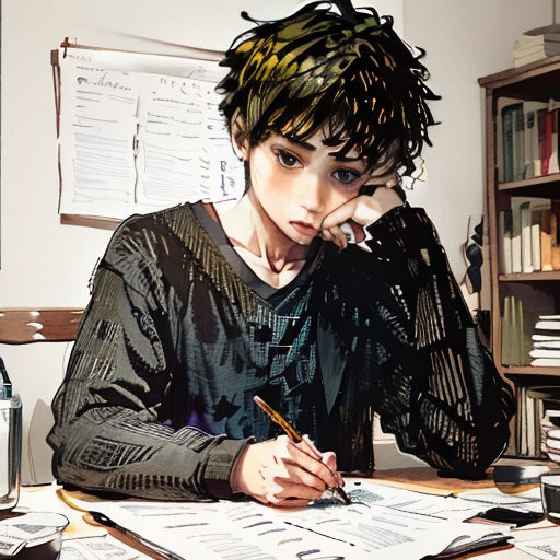 a woman sitting at a desk with a pen and paper in her hand and a book on the desk