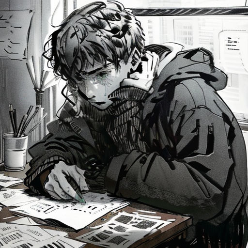 a man sitting at a desk with a pen and paper in his hand and papers on the desk next to him