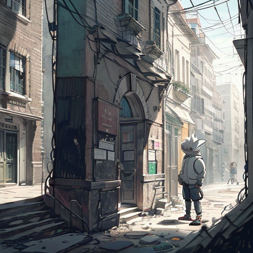 a man standing on a street next to a tall building with a clock on it's side and a person standing on the sidewalk