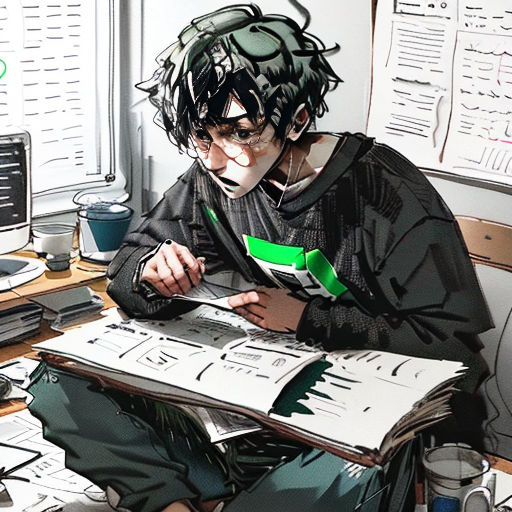 a man sitting at a desk with papers and a computer on it, with a green marker in his mouth