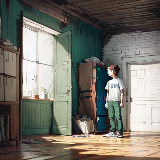 a young boy standing in a room with a refrigerator and a door open to a room with a green wall