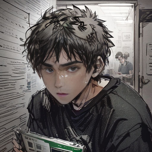 a man with a messy hair holding a magazine in his hands and looking at the camera with a serious look on his face