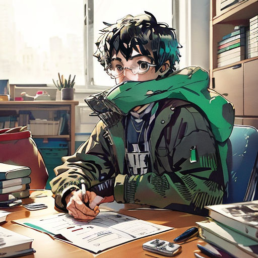 a boy sitting at a desk with a pen and paper in his hand and a book on the desk