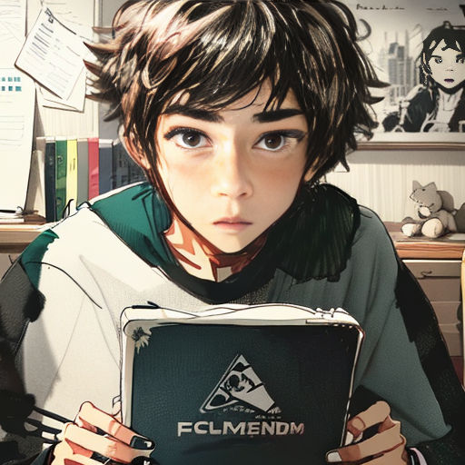 a boy holding a book in his hands in a room with a desk and shelves of books on the wall
