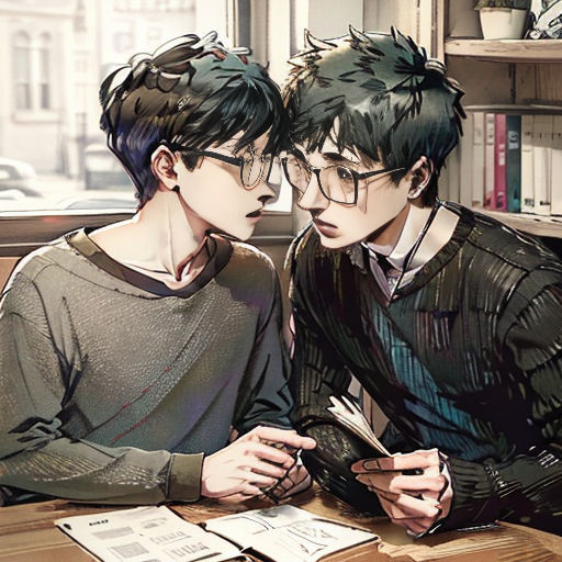 two people sitting at a table with books and papers in front of them, one of them is reading a book
