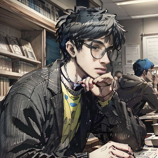 a man sitting at a desk with a computer in front of him and a bookcase behind him with books