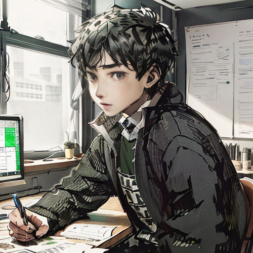 a man sitting at a desk with a computer and a pen in his hand and papers on the desk