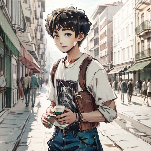 a boy with a backpack and a drink in his hand standing on a street corner in a city with people walking by