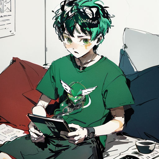 a boy with green hair sitting on a bed looking at a tablet computer screen with a green bird on it