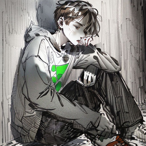 a man sitting on the ground with his hands on his face and his hand on his mouth, with a green shirt on