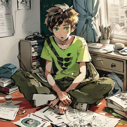a boy sitting on the floor surrounded by papers and books and a desk with a computer on it and a window