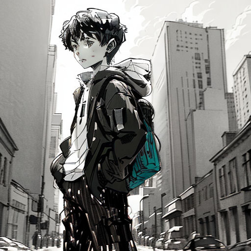 a man standing in the middle of a city street with a backpack on his back and a backpack on his shoulder