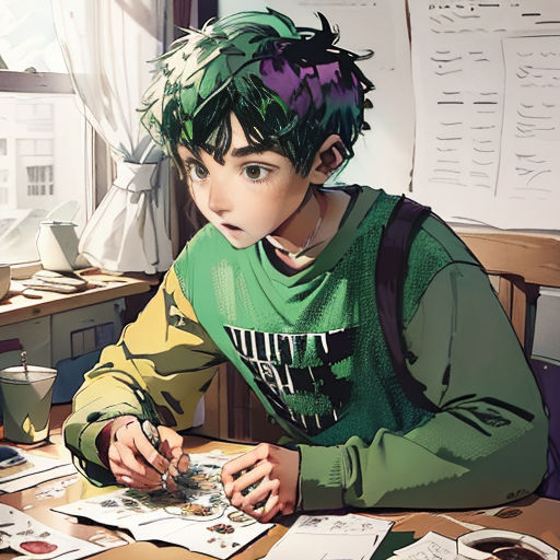 a boy with green hair sitting at a table with papers and pens in front of him and looking at the camera