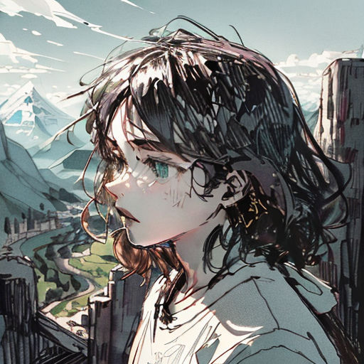 a girl with glasses looking out over a city with mountains in the background and a bird flying overhead in the sky