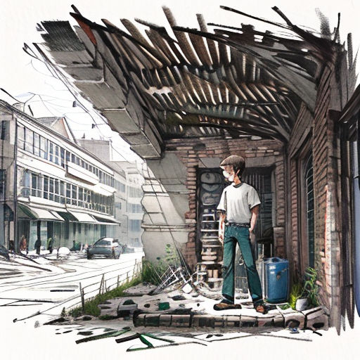 a man standing in a doorway with a suitcase in his hand and a building in the background with a broken roof