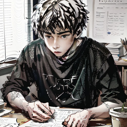 a man sitting at a desk with a computer and papers on it, with a pen and paper in his hand