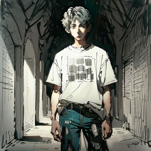 a man with a white shirt and blue jeans standing in a tunnel with a skateboard in his hand