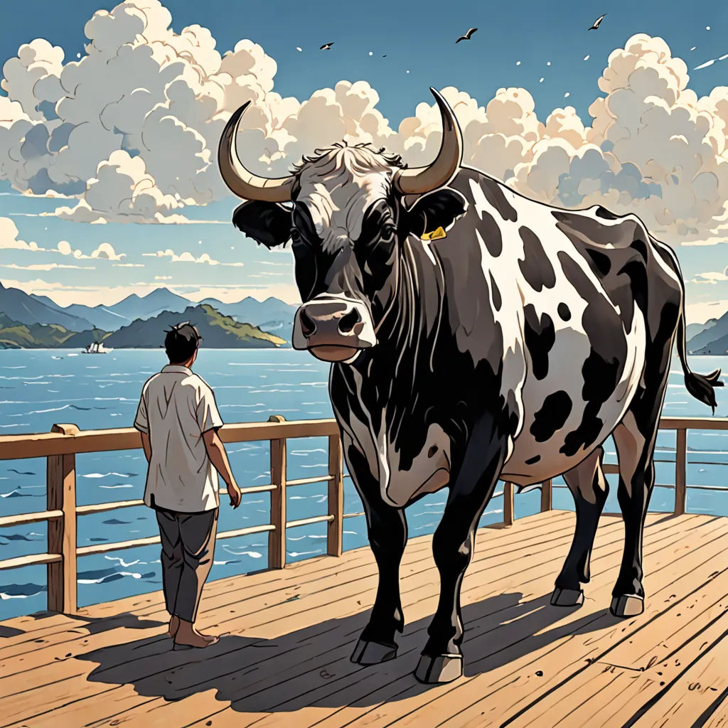 a man standing on a pier next to a cow with horns on it's head and a body of water in the background, serial art, a comic book panel, Asaf Hanuka, laurie greasley