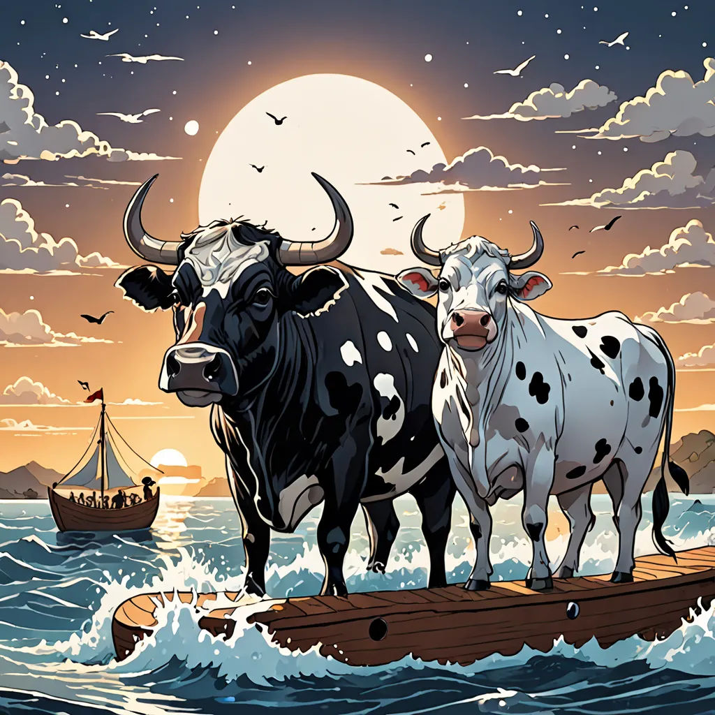 two cows standing on a boat in the ocean at night time with a full moon in the background and a boat in the water, psychedelic art, a storybook illustration, Dan Mumford, detailed illustration