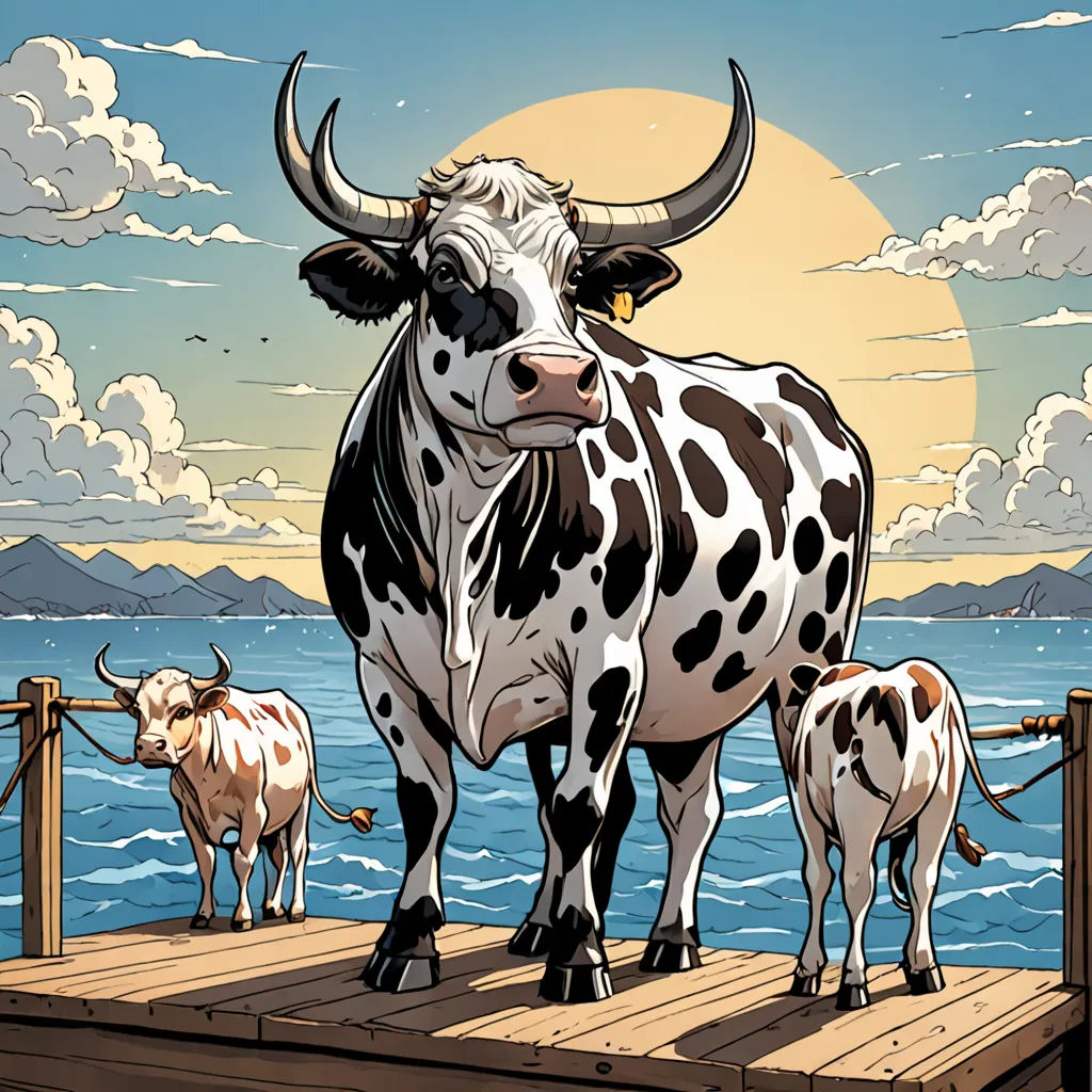 a cow and her calf standing on a dock by the ocean with a full moon in the background and clouds in the sky, rayonism, a comic book panel, Dan Mumford, western comic book art