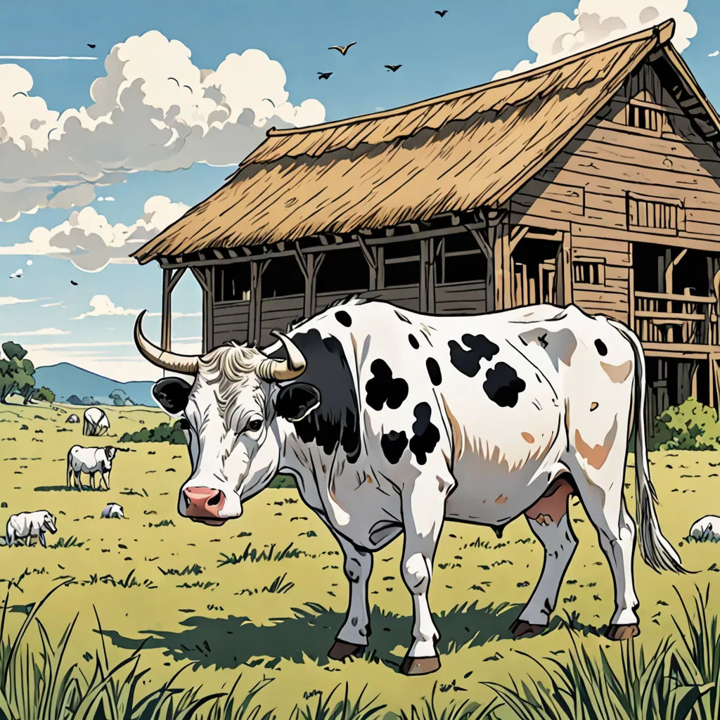 a cow standing in a field near a barn and sheep in the background with a sky full of clouds, american scene painting, a storybook illustration, Chris Ware, western comic book art