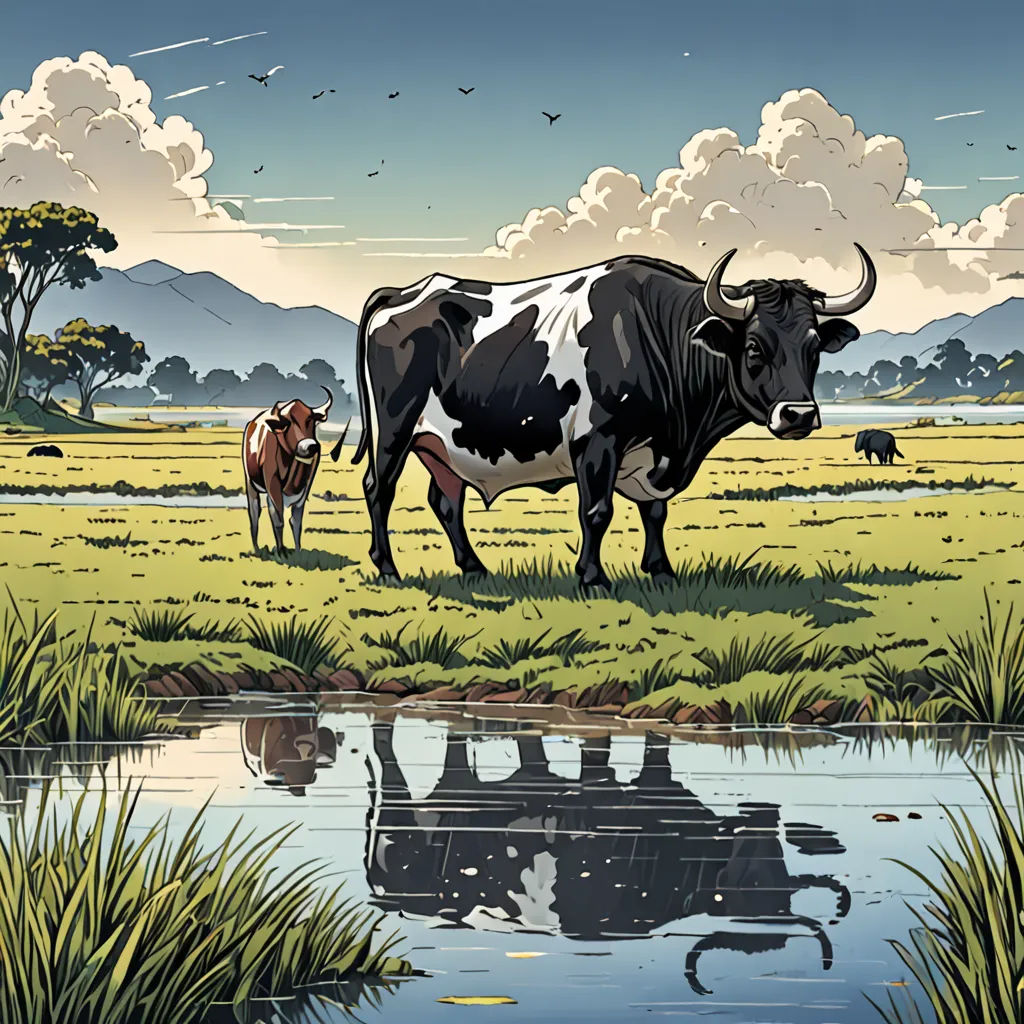 a cow and a calf standing in a field near a pond of water and grass with a sky background, environmental art, a comic book panel, Dan Mumford, laurie greasley