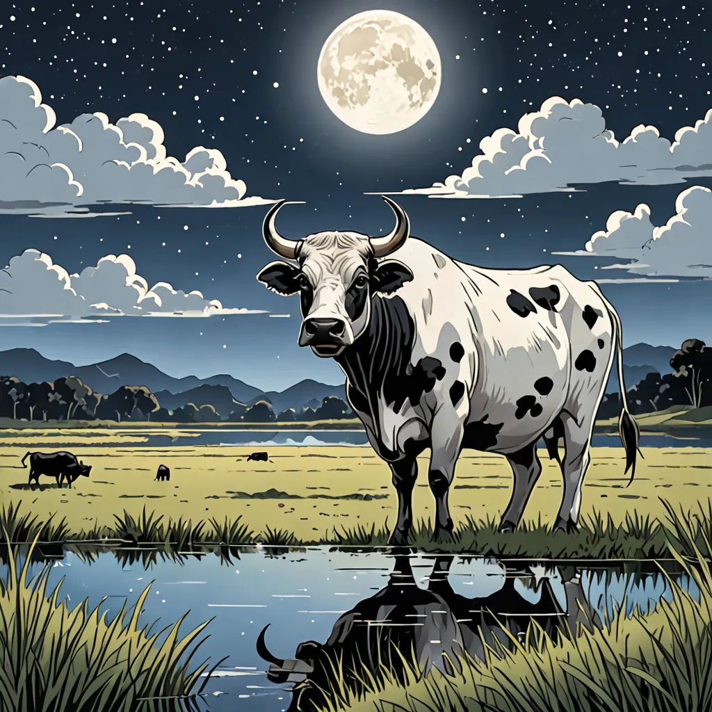 a cow standing in a field with a full moon in the background and a pond in the foreground, psychedelic art, poster art, Dan Mumford, josan gonzales and dan mumford